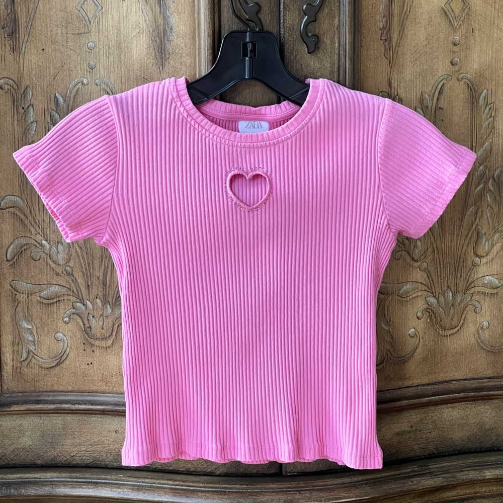 Zara Girls NWOT Pink Short Sleeve Crop Top Rhinestone Heart Cutout Sz 13/14 10